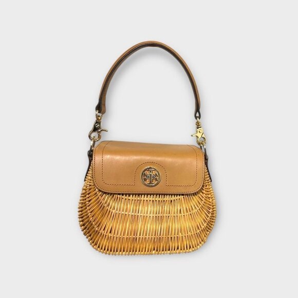 Tory Burch Basket Bag Satchel Handbag Bamboo Leather Tan Gold Logo 4FM90 - Picture 2 of 13